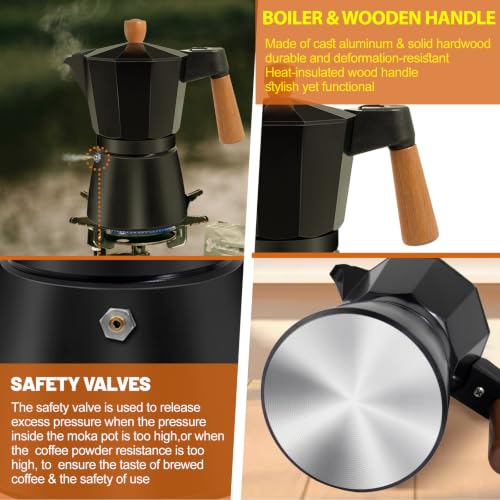 Black 12-cup aluminum stovetop espresso moka pot with solid wood handle by DITOSH, ideal for brewing rich coffee.