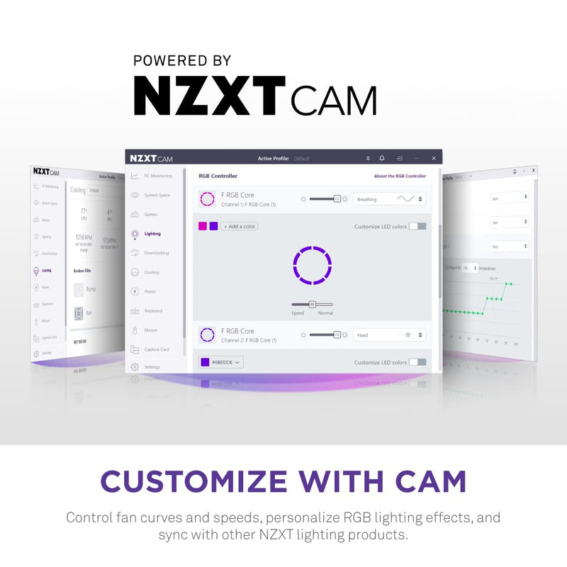 NZXT F120 RGB Core - 120mm Hub Mounted RGB PC Fan - Black | 120mm RGB fan with 8 addressable LEDs and semi-transparent blades. Quiet cooling with CAM-synchronous lighting. 120mm RGB Core