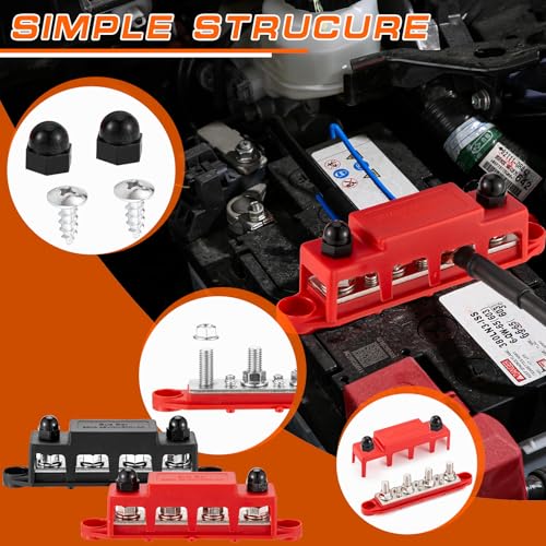 250 A 12 V Busbar 4 x M8 (5/16 Inch) Terminal Bolts DC Bus Bars Distribution Block with Cover, Negative & Positive High Performance Module BusBar Box for Car, Boat, Solar System (M8) M8-Standard