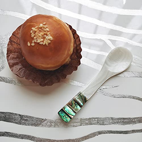 i-lan 6pcs White Mother of Pearl Spoons,Well Polished Inlaid Seashell MOP Teaspoons,Stirring Spoons Utensils with Green Decorative Pattern Handle for Caviar,Egg,Ice cream,Coffee Serving, 4 x 1 inch