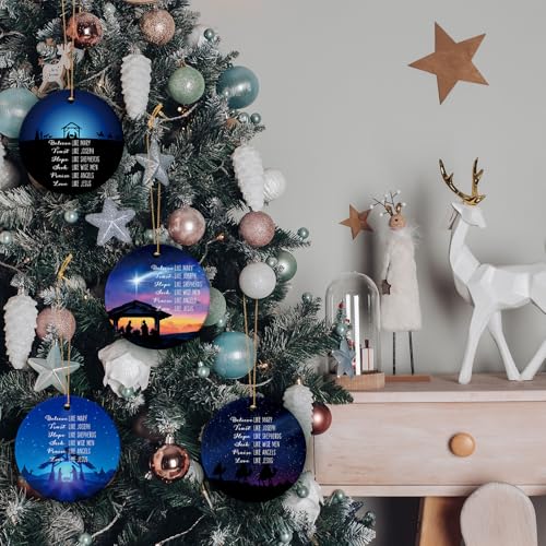 Syhood 4 Sets Christmas Nativity Ornaments 2025 Religious Nativity Scene Christmas Ornaments Ceramic Christian Bible Verse Hanging Decorations Jesus Gifts Keepsakes with Flannel Gift Bag for Xmas Tree