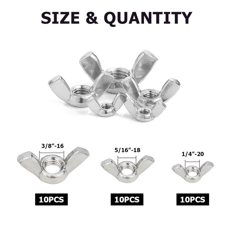 [Australia - AusPower] - Hooshing 30PCS Wing Nuts Assorted Kit 1/4"-20(10PCS) 5/16"-18(10PCS) 3/8"-16(10PCS) 304 Stainless Steel Wing Nuts Fasteners Parts Butterfly Nut 