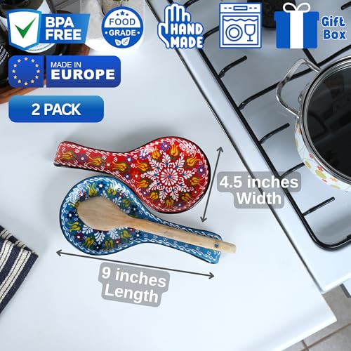 Ceramic Spoon Rest for Stove Top & Kitchen Counter, 9" Hand-Painted (2 PCS) Blue-Red (Set of 2)