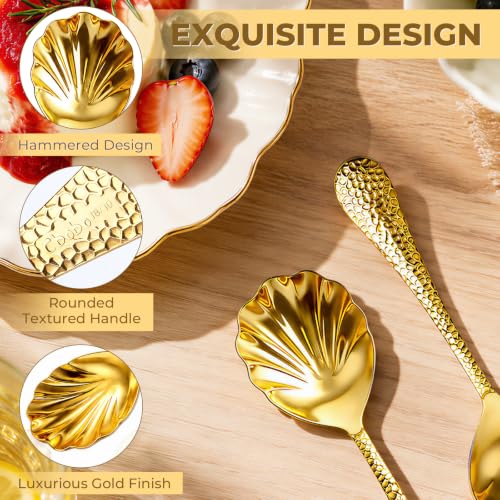 6 Pcs Shell Shape Serving Spoons, 9" Gold Serving Utensils, 304 Stainless Steel Serving Spoon for Buffet, Large Scalloped Spoon with Hammered Long Handle for Kitchen Restaurant Theme Party