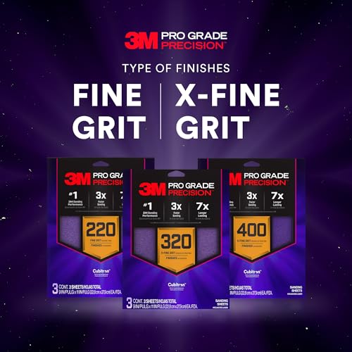 3M Pro Grade Precision sanding sheets with NO-Slip Grip backing, assorted 220/320/400 grits, 9 x 11 inches