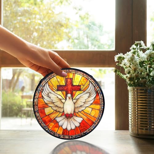 TNUW Christian Cross Bird Stained Glass Window Hanging, Cross Pigeon Bird Sun Catchers Indoor Window Glass Round Wall Art Decor, Religious Christian Wall Hanging Decorations, 7.9＂x7.9＂