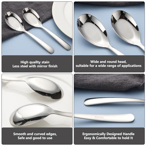 Set of 12 stainless steel soup spoons with long handles, ideal for dining and serving soup in a modern kitchen.