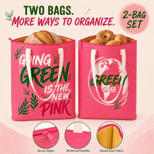 2-Pack XL Beeswax Bread Bags for Sourdough with Zipper and Carry Handles, Reusable Waxed Cotton Linen Storage for Homemade Artisan Loaves, Boules, Bagels and Baked Goods, 13 x 17 Inch, Pink