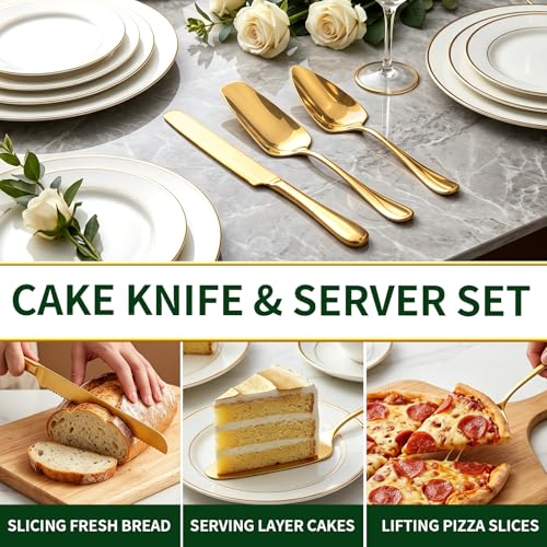 11-Piece Gold Serving Utensils Set, Stainless Steel Large Serving Spoons, Fork, Spatula, Ladle, Cake Knife & Server - Party Serving Supplies for Buffet, Weddings & Catering (Gold)