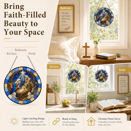 Nativity Set Suncatcher Stained Glass Window Hanging Christmas Nativity Ornament Gifts Christian Religious Gifts for Women Nativity Decor Jesus Sun Catcher Home 6.3 in 6.3 x 6.3 IN