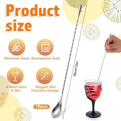 18 Pcs Silver Bar Spoons Bulk, 12 Inch Stainless Steel Spiral Pattern Mixing Spoons Long Handle Cocktail Spoon for Coffee, Cocktail, Iced Tea