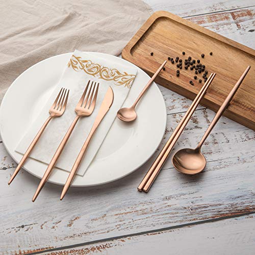 Matte Copper Silverware Set Reusable Chopsticks - KiiZYs 14-piece Stainless Steel Utensils Set Kitchen Accessories - Modern Flatware Spoon Fork Knife - Cutlery Set Gift Box (Matte Copper, 2 Sets) Matte Copper Set for 2 (14pcs)
