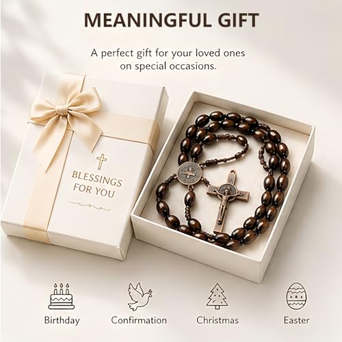 Natural Wood Catholic Rosary Necklace with Saint Benedict Medal