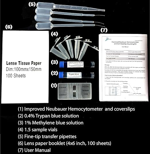 Rs' Science - Improved Neubauer Hemocytometer kit, Cell Counting Chamber with Trypan Blue and Methylene Blue for Blood, Cell, Yeast Counting