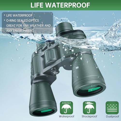 20x50 High Powered Binoculars for Adults, Waterproof Binoculars with Low Light Vision for Bird Watching Hunting Camping Travel Cruise Hiking Sports Stargazing, Gifts for Men Dad Green