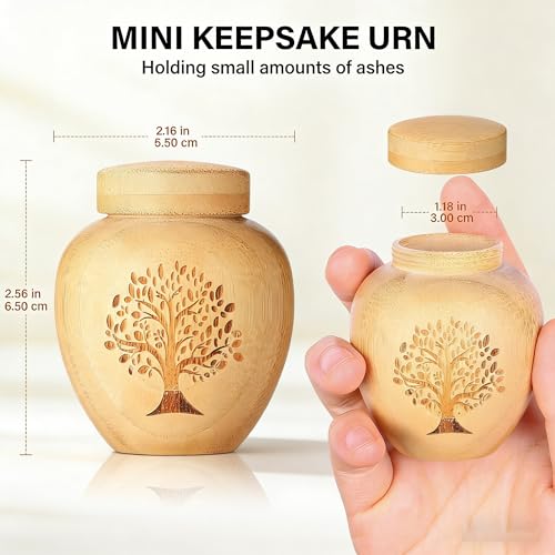 Small Urns for Keepsake Sharing Made of Bamboo, Mini Urn with Tree of Life Pattern Engraved Biodegradable Urn for Human Pet (1PC) 1pc