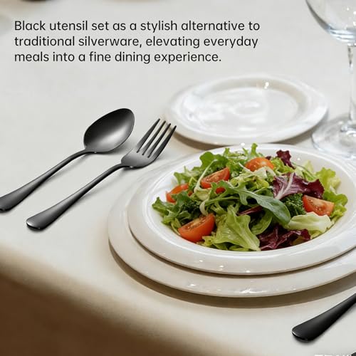 Black stainless steel serving set with 12 forks and 12 spoons, dishwasher safe, 24-piece silverware set by MNLWSP.