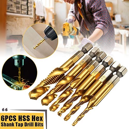 Drill Tap Set 6 Pieces Titanium Coated HSS Drill Bit M3-M10 1/4 Inch Hex Shank for Lathe Machine Tap Cutting