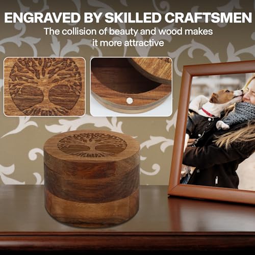 Small Wood Urn for Human & Pet Ashes Tree of Life Memorial Keepsake, Eco-Friendly Magnetic Cremation Urn for Dogs, Cats (3.5"x3.5"x2.5")