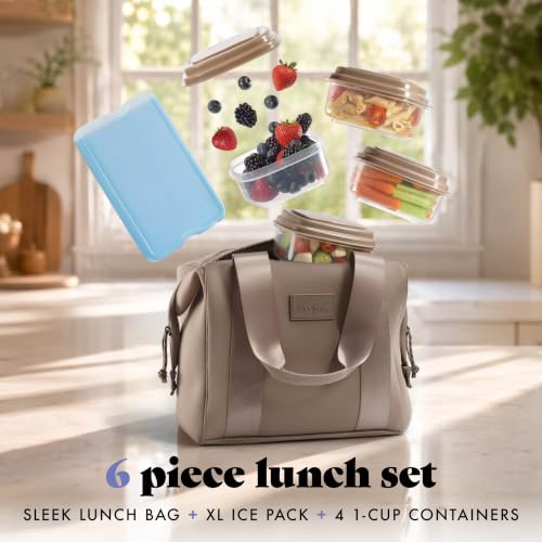 Fit & Fresh Remi Neoprene Lunch Bag for Women w/Ice Pack & Containers Taupe One Size