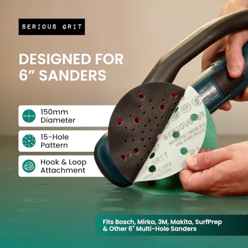 Serious Grit 6-inch 15-hole hook and loop sanding discs, assorted P80-220 grits, 50-pack mix