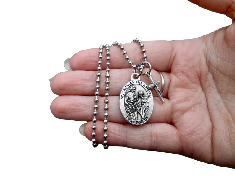 Saint Thomas the Apostle Mens Crucifix Catholic Boys Cross Confirmation Cross Silver Stainless Steel 2.4mm Ball Chain