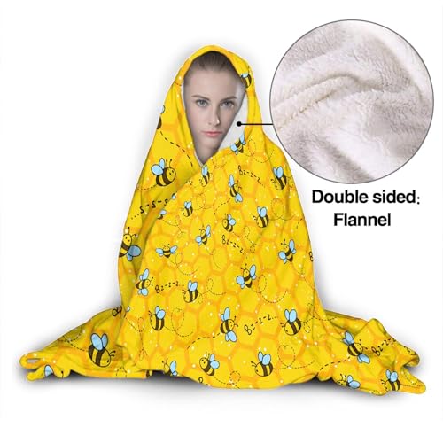 Honeycomb Cute Bee Yellow Hooded Blankets for Couch Sofa Throw Bees Wearable Blanket Super Soft Lightweight Warm Gift for Kids Women - 50"x60" for Teens Honeycomb Cute Bee Yellow