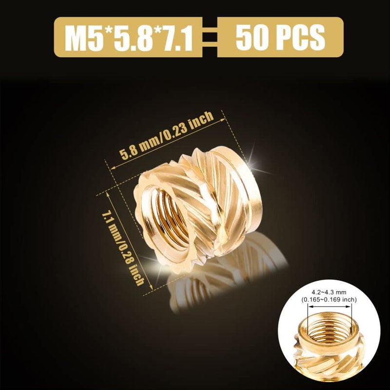 [Australia - AusPower] - 50pcs 3D Printing Brass Nuts, M5x5.8x7.1mm M5 Threaded Insert Knurled Brass Nuts Female Thread Knurled Heat Embedment Nut for 3D Printing Parts Loptop Automotive Plastic Shell 