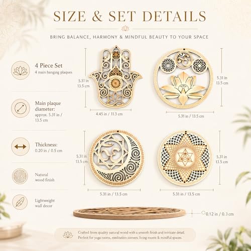 Chiorgone Sacred Geometry Wooden Wall Art Set - Lotus Hamsa Ohm Merkaba Meditation Decor & Coasters