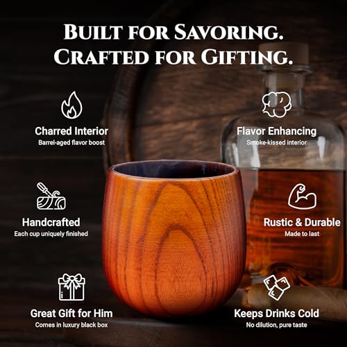 Premium Charred Wooden Whiskey Bourbon Drinking Glasses | Whisky Gifts for Men, Dad, or Brother | Handcrafted Old Fashioned Glasses Tumblers with 6 Stainless Steel Ice Cubes and Tongs | Set of 2