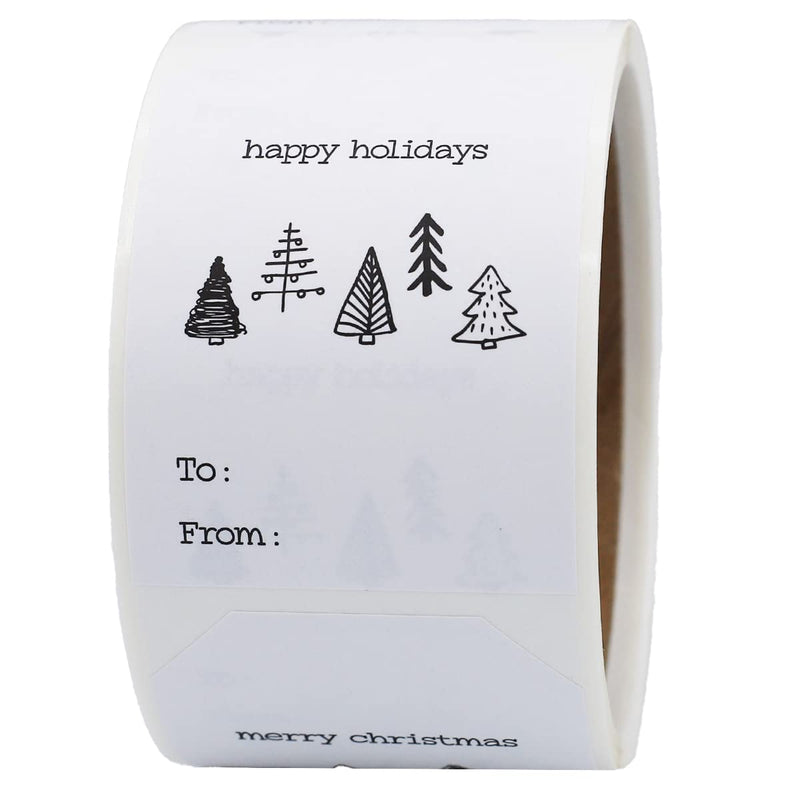 Boho Style Christmas Tree Gift Tag Stickers – 2 x 3 Inch Holiday Labels with Unique Tree Designs – 25 White Semi-Gloss Adhesive Tags, Eco-Friendly, Made in USA
