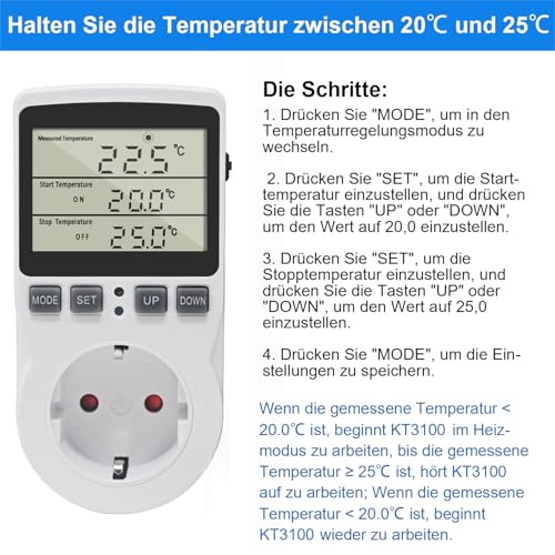 KETOTEK 230 V Temperature Controller Plug with Sensor, Digital Thermostat Plug with Timer, Plug Thermostat Timing Switch for Greenhouses, Aquariums, Heating, Cooling Without backlight
