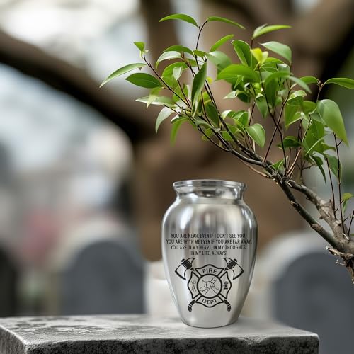 Fireman Mini Keepsake Urn, Stainless Steel Small Memorial Urn for Human Ashes, Engraved Firefighter Helmet & Axe Design, 2.56" Decorative Funeral Urn for Brave First Responders