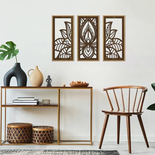 HPNIUB 3PCS Lotus Flower Wall Decor, Mandala Carved Wood Sign for Yoga Room, Spiritual Meditation Wooden Hanging Plaque Home Decor for Living Room Office Bathroom Decoration(8x16Inch) Mandala Flower Wooden Wall Art