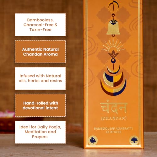 Pujashree Bambooless Agarbatti, Chandan Incense Sticks, Charcoal-Free Incense for Pooja & Meditation, Eco-Friendly, Natural Stickless Aroma Sticks, Pack of 40 Pcs (8-inch Size) Sandalwood