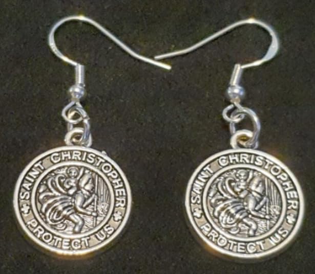 Royal Swan Antique Silver SAINT CHRISTOPHER PROTECT US Medal Earrings on Sterling Silver Hooks in a Velvet Gift Bag. Traveller Travel Protection Jewelry