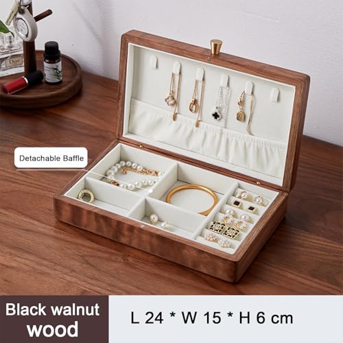 Wooden Jewelry Box, Simple Solid Wood Wooden, Ring Holder and Necklace Organizer, Black Walnut, 24 * 15 * 6cm L24*W15*H6cm