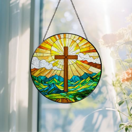 Christian Cross Stained Glass Window Hanging Art Light Sun Christian Gifts for Women Handmade Jesus Suncatchers Decoration for Garden Home Windows Hanging, 7.87inch Cross-02