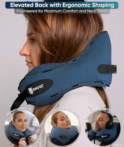 SNUGL Travel Pillow – Memory Foam Pillows - Neck Pillow for Airplane with Carry Bag & Clip – Neck Support Pillows for Pain Relief - Airplane Travel Essentials Adult Regular Blue