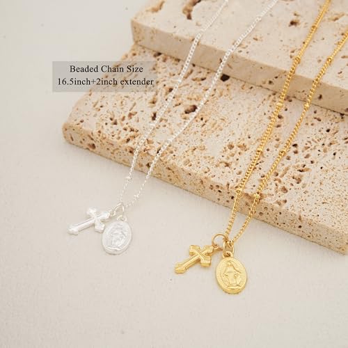 Bheop Cross Necklace for Women, 14K Gold Silver Choker Pendant Necklace GD-Virgin Mary Cross+Beaded Chain