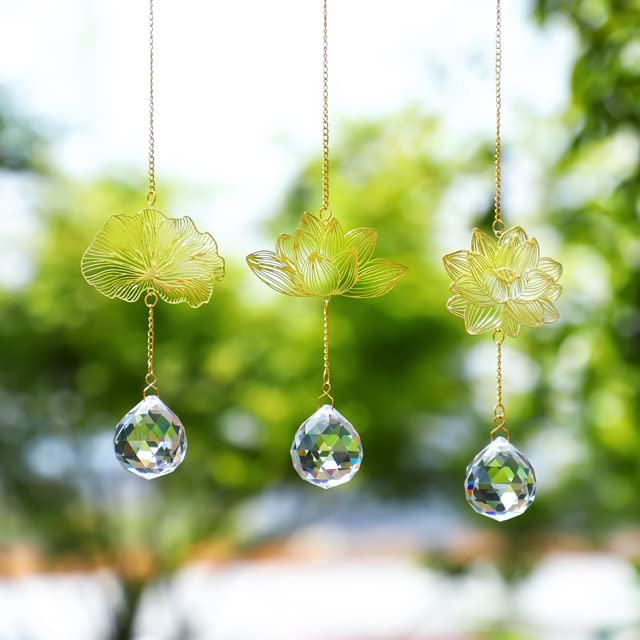 Lotus Leaf Crystal Suncatcher Prism Pendant Window Hanging Decor Gold&clear-3pcs