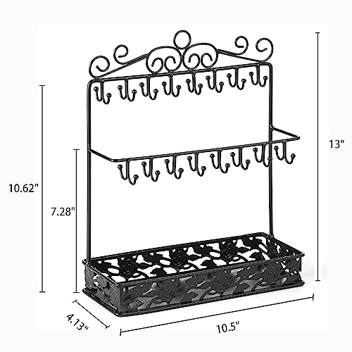 Black Metal Jewelry Holder Organizer Stand Necklace Holder Stand with 32 Hooks and Tray for Woman Rose Tray