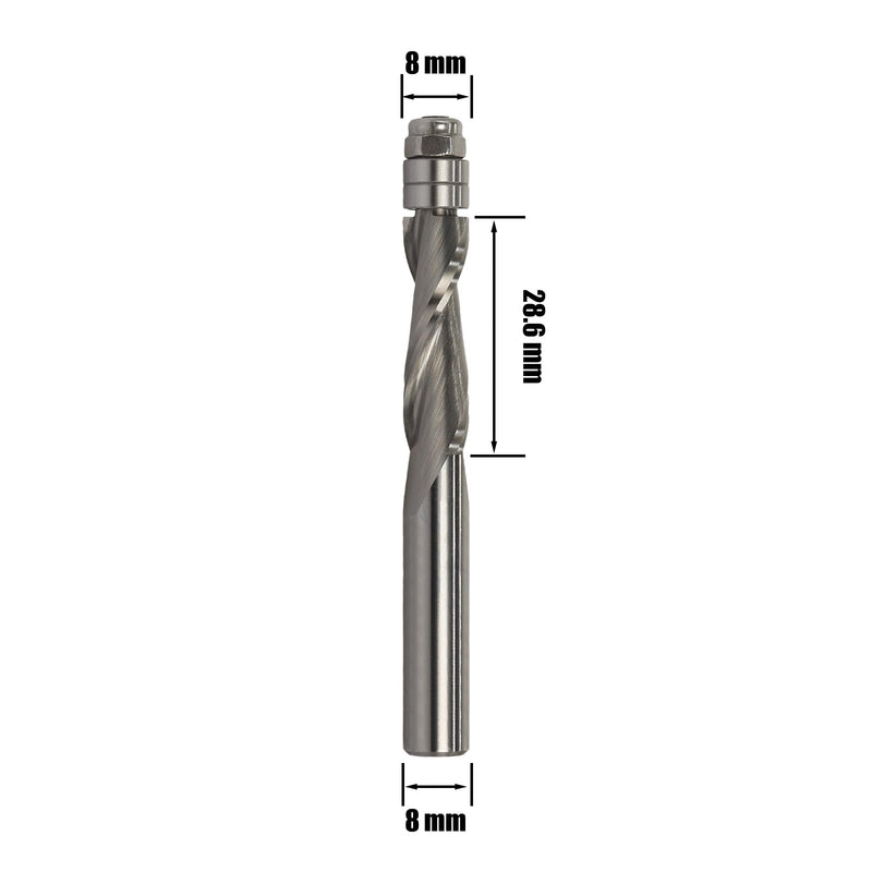 [Australia - AusPower] - AKYLIN Spiral Flush Cutter 8 mm Shank, Up Cut Spiral Cutter for Router, 8 mm Cutting Diameter, 28.6 mm Cutting Length Spiral Grooved Double Ball Bearing Wood Cutter for Cutting Wood 8x8x28.6mm Up-cut 