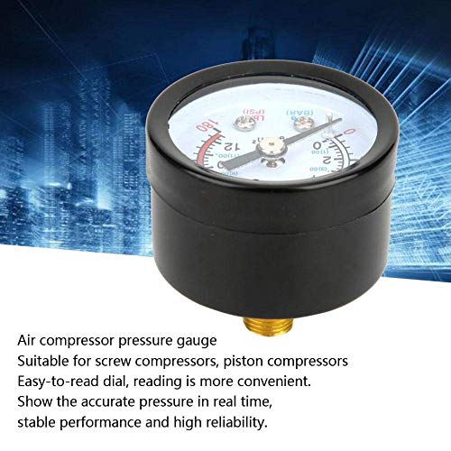 Air Compressor Pressure Gauge, 0-180 PSI, 0-12 Bar, 42mm Diameter, 10mm Thread, Black Iron Shell