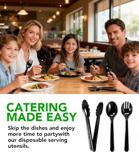 36 PCS Plastic Serving Utensils, Disposable Serving Spoons Forks Tongs for Buffet Serving Utensils Set for Parties Black Serving Utensils for Restaurant Dinner Salad Noodles Soup