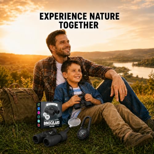 Binoculars for Kids – Perfect Toy for Little Boys and Girls – Extensive Set Incl. Magnifying Glass & Compass – Powerful Magnification 8X21 – 3 to 12 Year Old Kids for Toddler Black