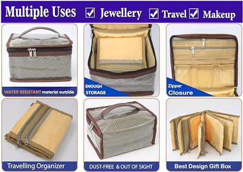 atorakushon Nylon MakeUp Organizer Case Travel Jewelry Bag Transparent Ring Earring Storage Box for Bracelet Pendant Holder with 7 Clear Zippered Pouch Brown