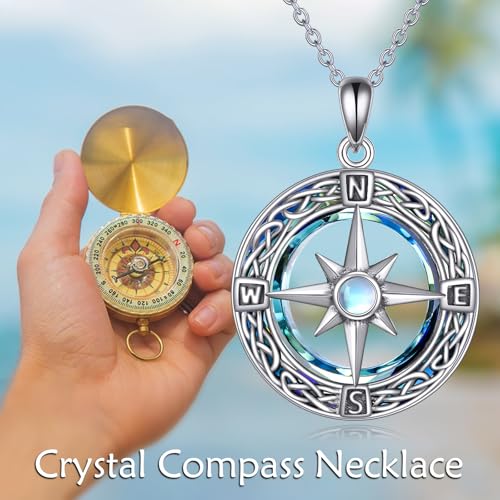 Compass Necklace 925 Sterling Silver Celtic Knot Compass Pendant Necklaces Crystal Compass Jewellery for Women Men Retirement, Graduation Gift
