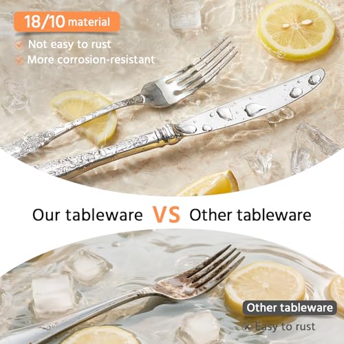 Silverware Set for 2, 10pc Vintage Flatware Set, 18/10 Stainless Steel 10-Piece Silver