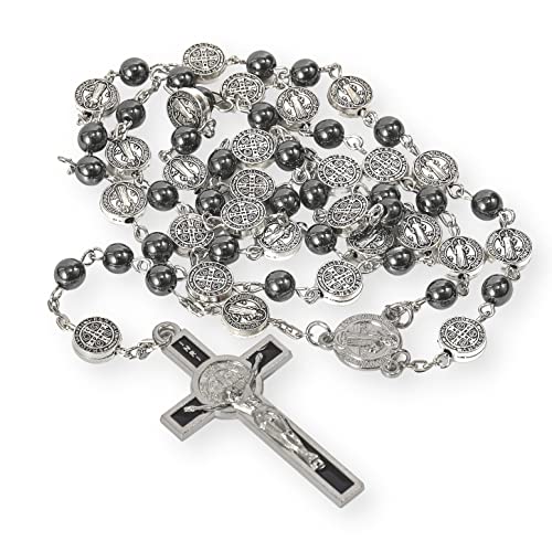 Nazareth Store Catholic Saint Benedict Hematite Stone Rosary Necklace for Men & Women with Crucifix and St. Benedict Medal